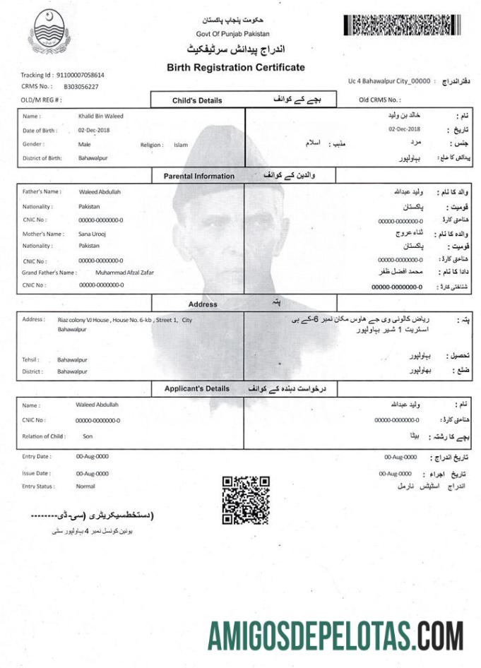 Certidão de registro de nascimento no Paquistão amostra